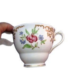 VINTAGE COLCLOUGH TEA CUP AND SAUCER - FLORAL AND SCROLL DECORATION - ENGLAND